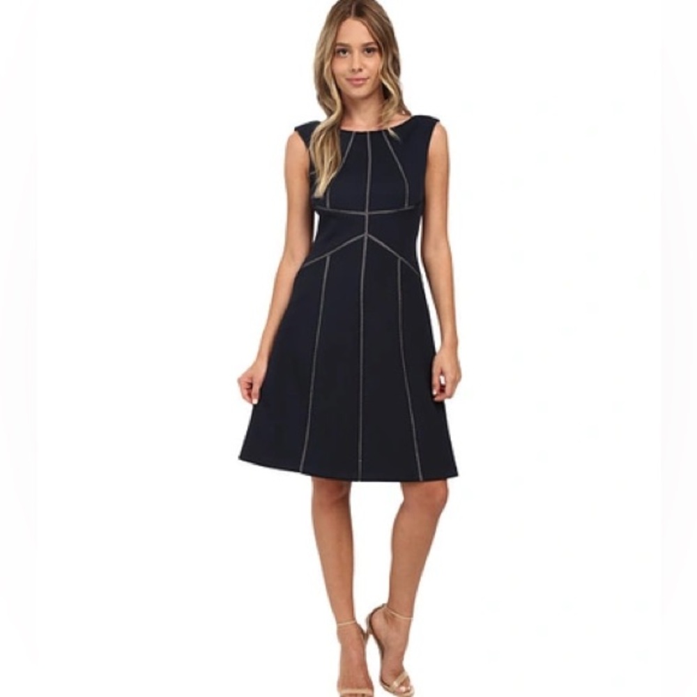 Calvin Klein Navy Fit & Flare Midi Dress Size 8 NWT Sleeveless Pockets